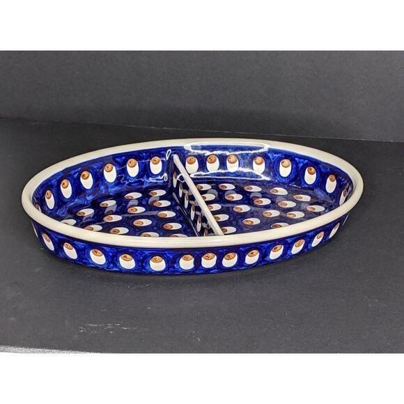 POLISH POTTERY BOLESLAWIEC BLUE OVAL DIVIDED BOWL 11 l/4" Serving Dish - Picture 8 of 8